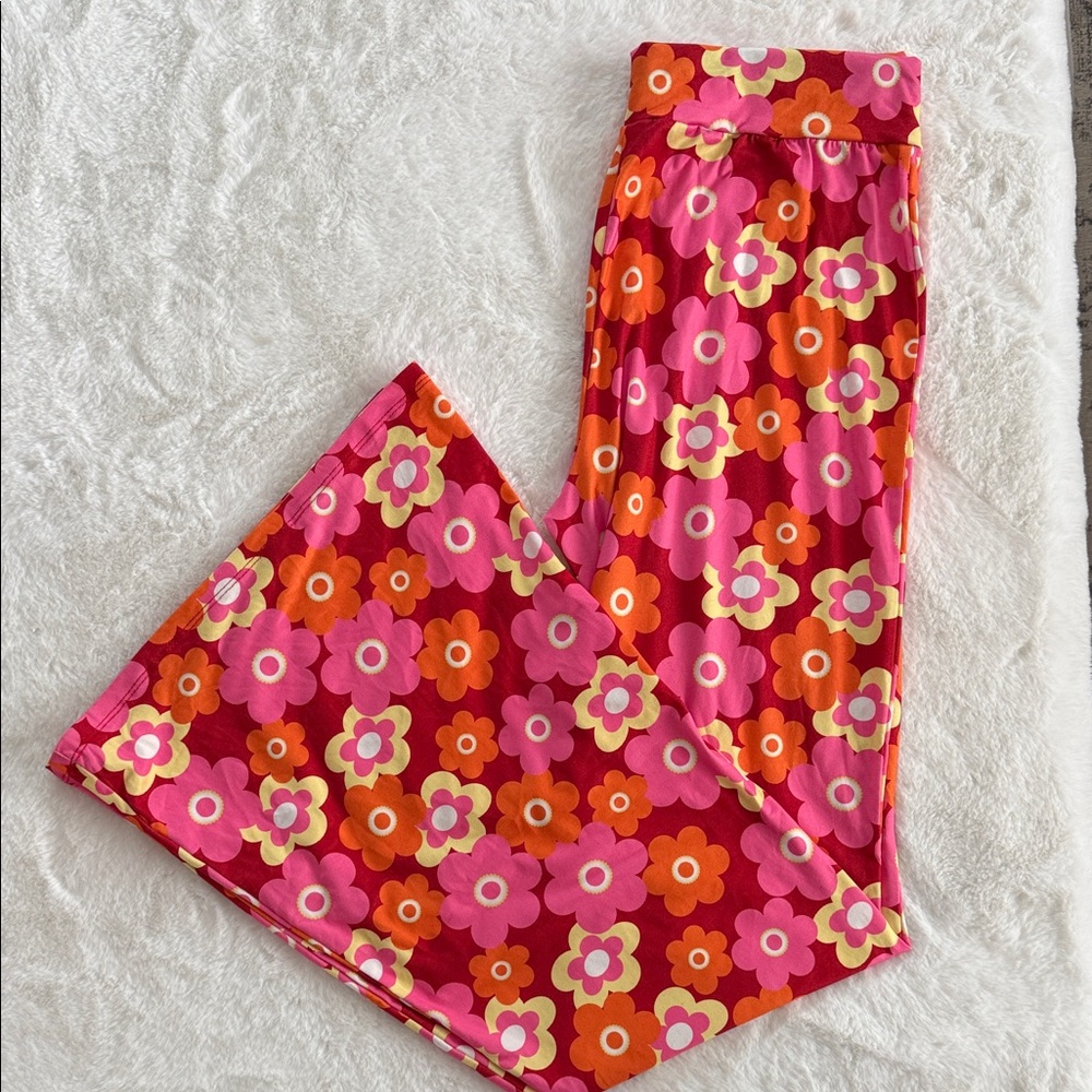Retro Floral Flare Pants - Pink and Orange